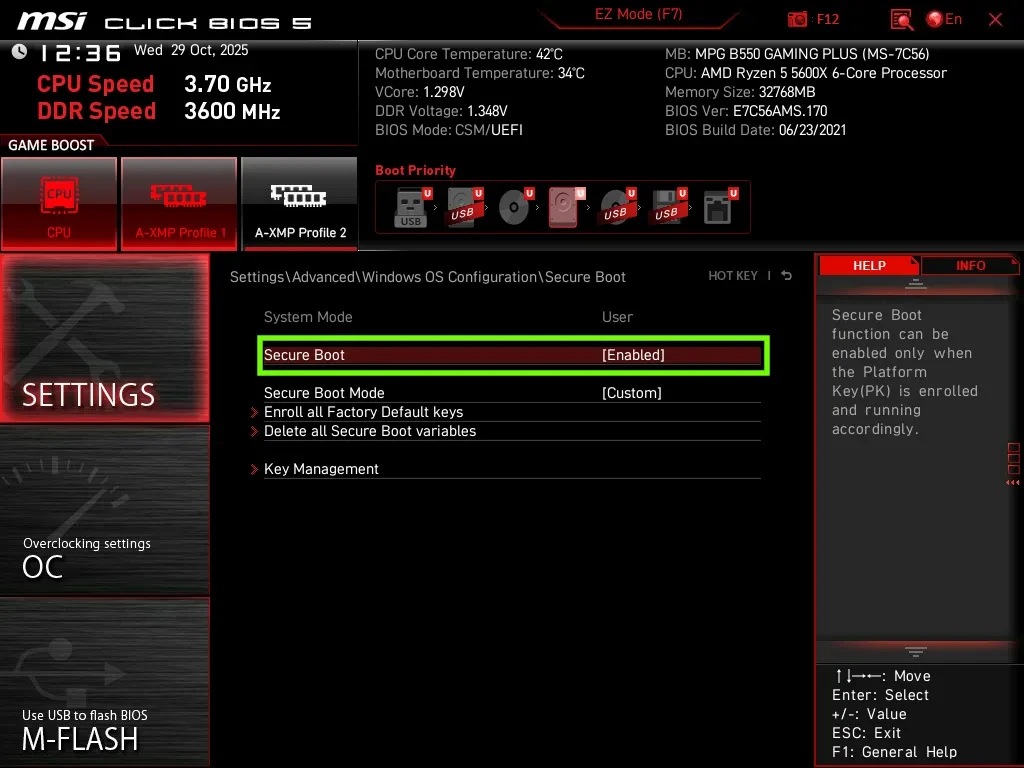 Tùy chọn Secure Boot trong menu cài đặt.