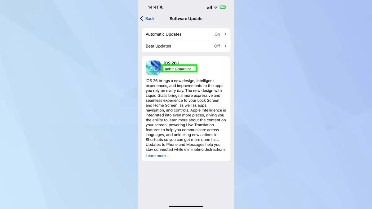 Giao diện cài đặt Liquid Glass trên iPhone chạy iOS 26.1