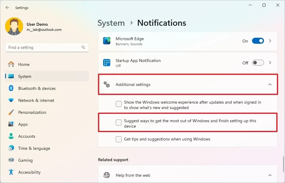Giao diện cài đặt thông báo bổ sung trên Windows 11 để tắt các lời nhắc không cần thiết.