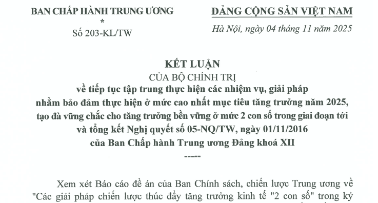 Đã có Kết luận 203-KL/TW về nhiệm vụ giải pháp bảo đảm mục tiêu tăng trưởng năm 2025