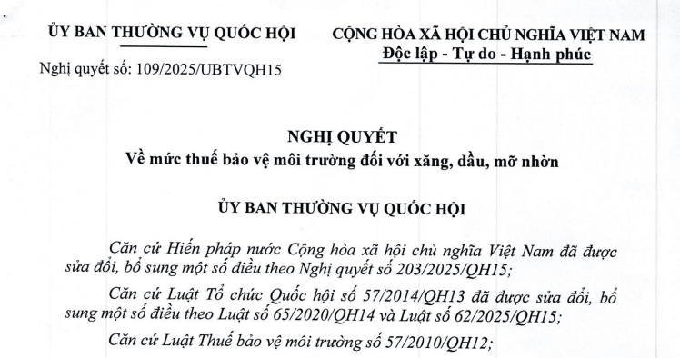 Đã có Nghị quyết 109/2025/UBTVQH15 Về mức thuế bảo vệ môi trường đối với xăng dầu, mỡ nhờn