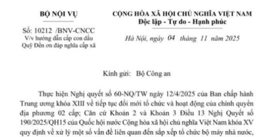 Công văn 10212/BNV-CNCC: Bộ Nội vụ có hướng dẫn mới về cấp con dấu Quỹ Đền ơn đáp nghĩa cấp xã