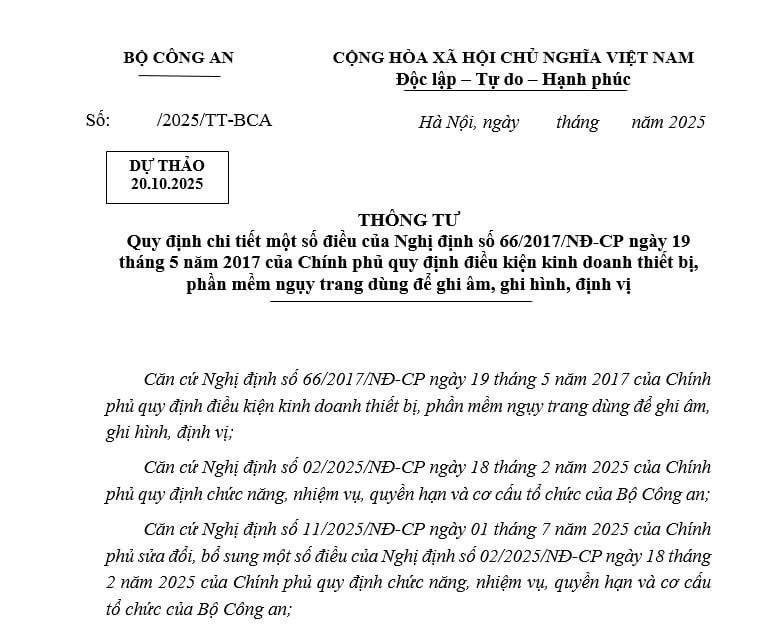 Dự thảo Thông tư hướng dẫn Nghị định 66/2017 điều kiện kinh doanh thiết bị và phần mềm ngụy trang dùng để ghi âm, ghi hình, định vị