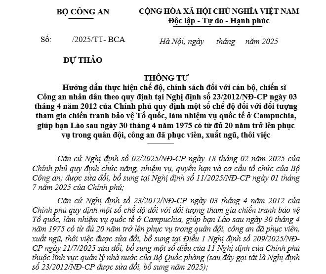 Dự thảo Thông tư hướng dẫn chế độ và chính sách đối với cán bộ chiến sĩ Công an nhân dân