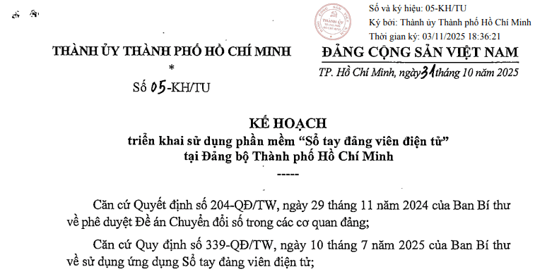Kế hoạch 05-KH/TU: Hướng dẫn sử dụng phần mềm “Sổ tay đảng viên điện tử” tại TP.HCM