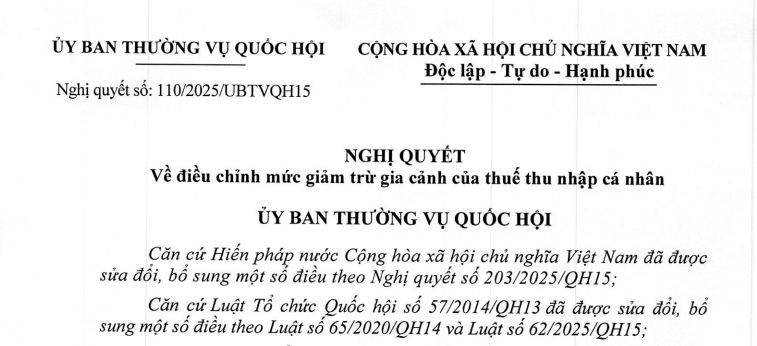 Nghị quyết 110/2025/UBTVQH15 điều chỉnh mức giảm trừ gia cảnh của thuế thu nhập cá nhân như thế nào?