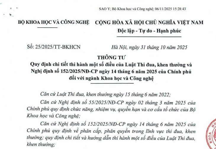 Đã có Thông tư 25/2025/TT-BKHCN hướng dẫn thi đua khen thưởng ngành Khoa học và Công nghệ 