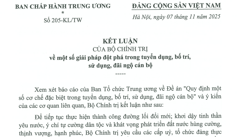 Đã có Kết luận 205-KL/TW về tuyển dụng, bố trí, sử dụng, đãi ngộ cán bộ