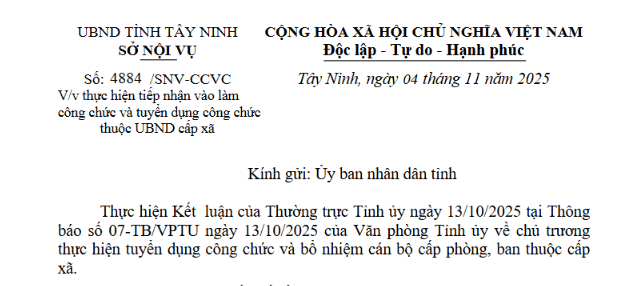 Công văn 4884: Chỉ đạo mới về tiếp nhận vào làm công chức và tuyển dụng công chức thuộc UBND cấp xã tại Tây Ninh