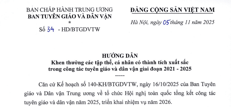 Đã có Hướng dẫn 34-HD/BTGDVTW khen thưởng tập thể cá nhân trong công tác tuyên giáo và dân vận