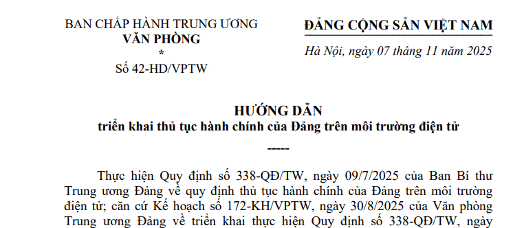 Đã có Hướng dẫn 42-HD/VPTW triển khai thủ tục hành chính của Đảng trên môi trường điện tử