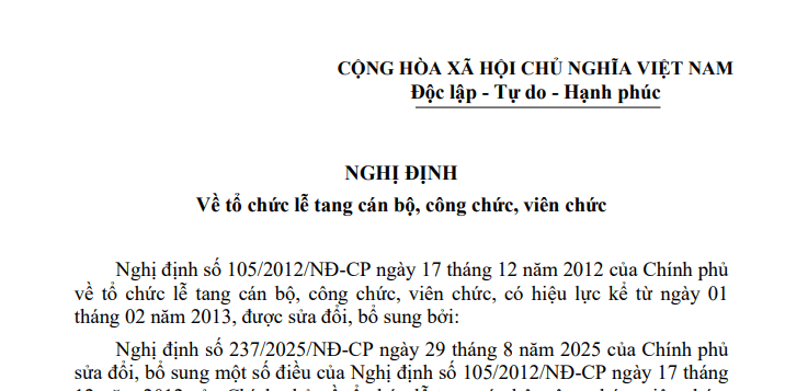 Đã có Văn bản hợp nhất về tổ chức lễ tang cán bộ công chức viên chức (Nghị định 5968/VBHN-BVHTTDL)