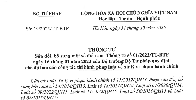 Đã có Thông tư 19/2025/TT-BTP sửa đổi chế độ báo cáo công tác thi hành pháp luật về xử lý vi phạm hành chính