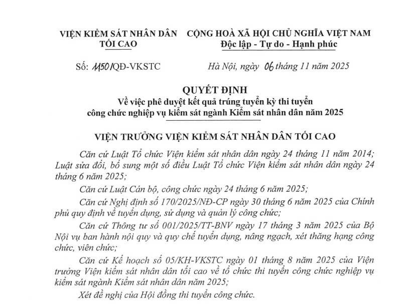 Công bố danh sách 334 thí sinh trúng tuyển công chức nghiệp vụ kiểm sát ngành Kiểm sát nhân dân năm 2025 