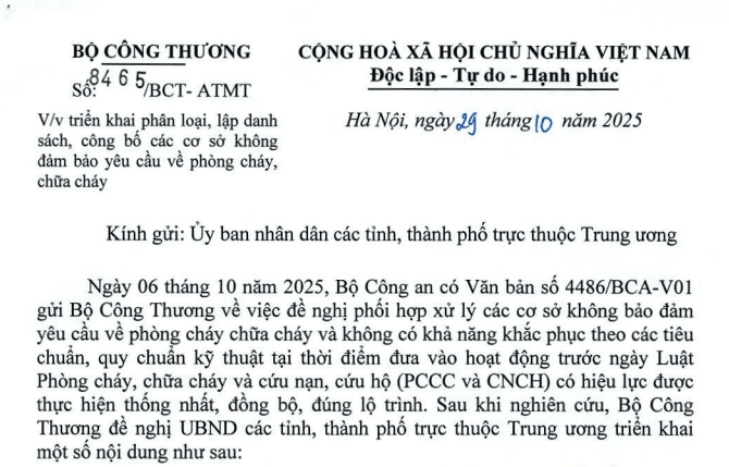 Công văn 8465/BCT-ATMT triển khai công bố cơ sở không đảm bảo phòng cháy chữa cháy