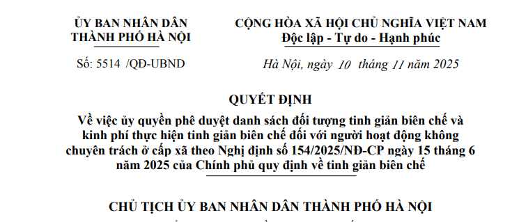 Quyết định 5514/QĐ-UBND: Chỉ đạo mới về tinh giản biên chế đối với cán bộ không chuyên trách cấp xã tại Hà Nội