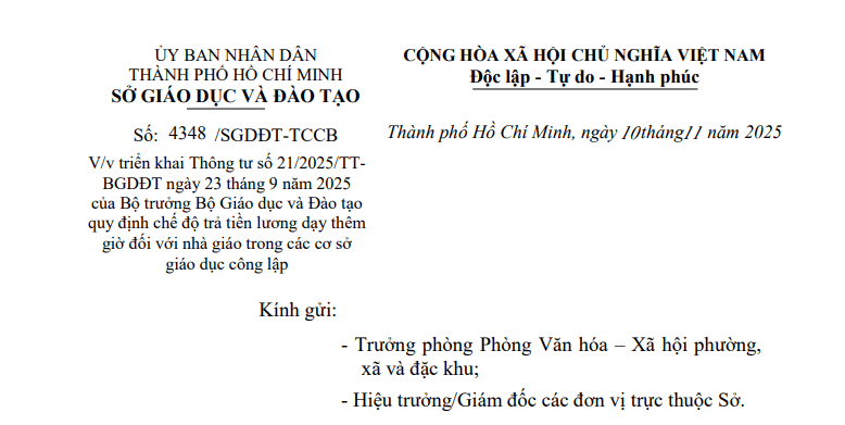 Đã có Công văn 4348/SGDĐT-TCCB hướng dẫn Thông tư 21 về tiền lương dạy thêm giờ đối với giáo viên