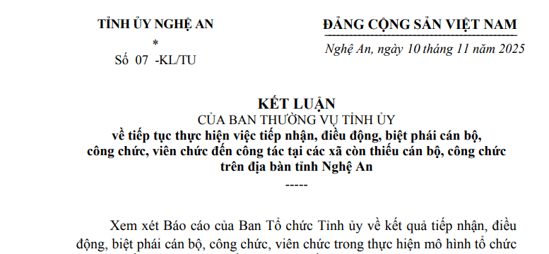 Toàn văn kết luận về tiếp tục điều động biệt phái cán bộ công chức viên chức tại Nghệ An (Kết luận 07-KL/TU)