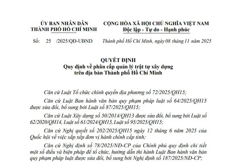 Quyết định 25: Quy định về phân cấp quản lý trật tự xây dựng trên địa bàn TPHCM từ ngày 20/11/2025 