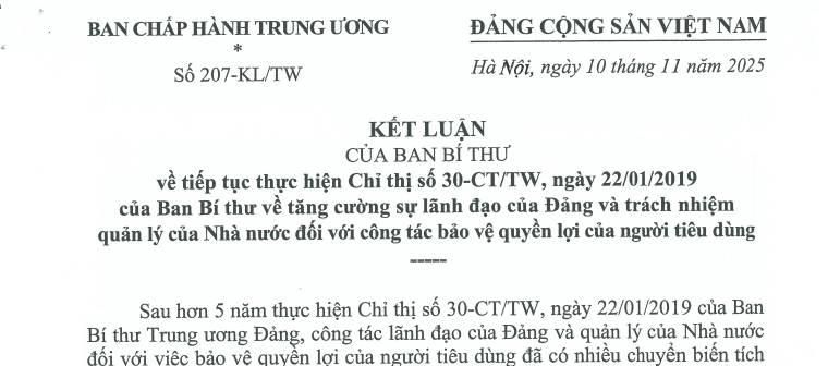 Đã có Kết luận 207-KL/TW tiếp tục thực hiện Chỉ thị 30 về công tác bảo vệ quyền lợi của người tiêu dùng