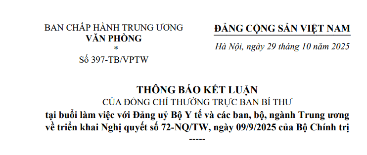 Toàn văn Thông báo 397-TB/VPTW triển khai Nghị quyết 72 về bảo vệ, chăm sóc và nâng cao sức khoẻ Nhân dân 