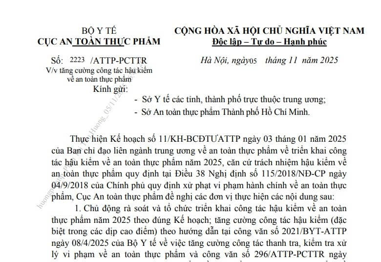 Công văn 2223/ATTP-PCTTR: Tăng cường công tác hậu kiểm về an toàn thực phẩm 