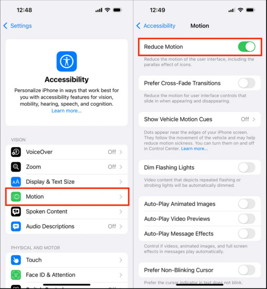 Tùy chọn Giảm Chuyển Động trong mục cài đặt Trợ năng trên iPhone.
