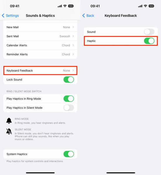 Màn hình cài đặt Phản hồi bàn phím trên iPhone với tùy chọn tắt Phản hồi xúc giác.
