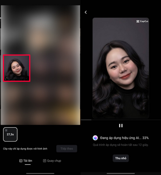Giao diện tải ảnh lên để áp dụng vào mẫu video đã chọn.