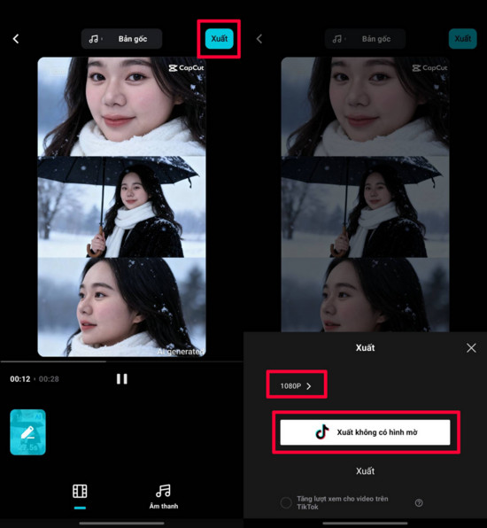 Màn hình xuất video trong CapCut với các tùy chọn về độ phân giải và watermark.
