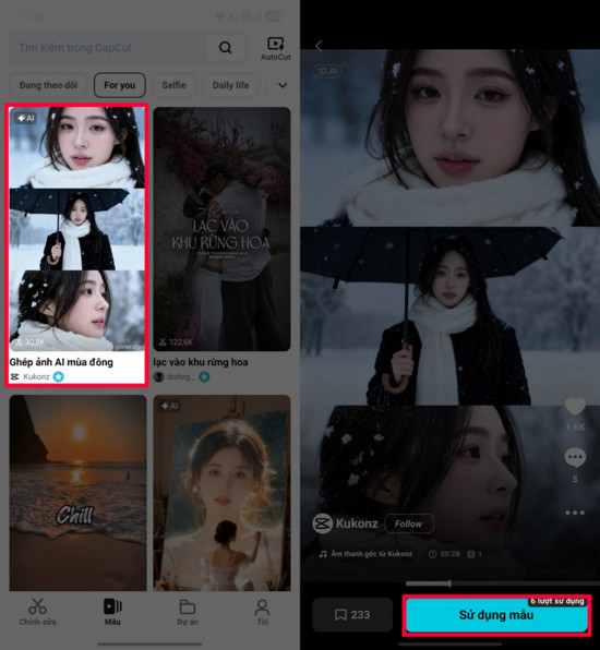 Một mẫu video hiệu ứng tuyết rơi được chọn trong CapCut.