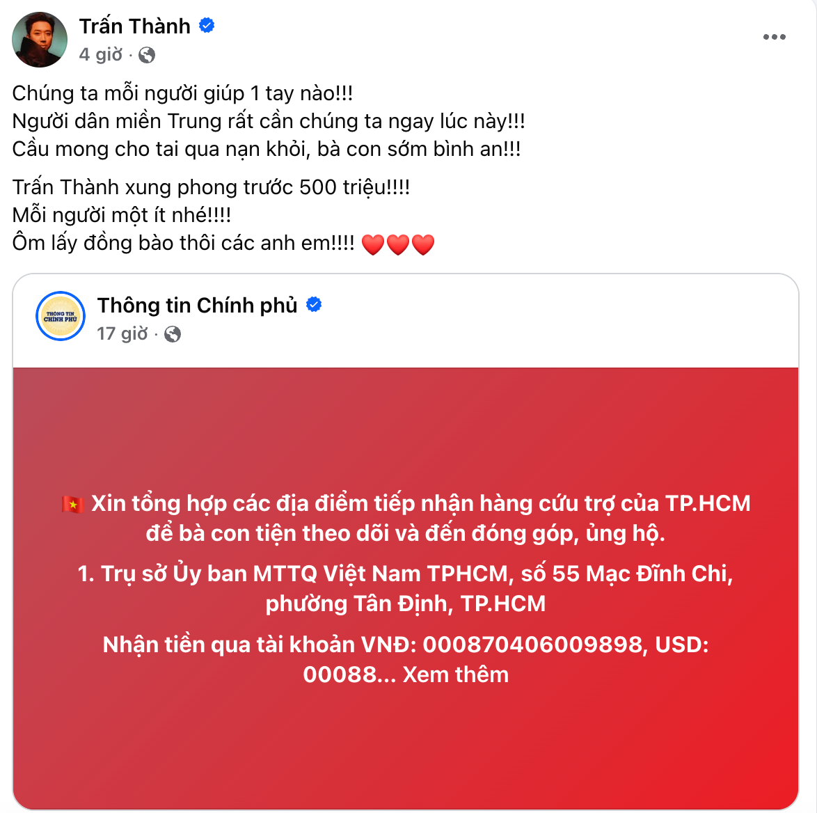 Trấn Thành - HIEUTHUHAI chuyển khoản nóng hàng trăm triệu, Hương Giang vừa về nước liền đến hỗ trợ vùng lũ- Ảnh 1.