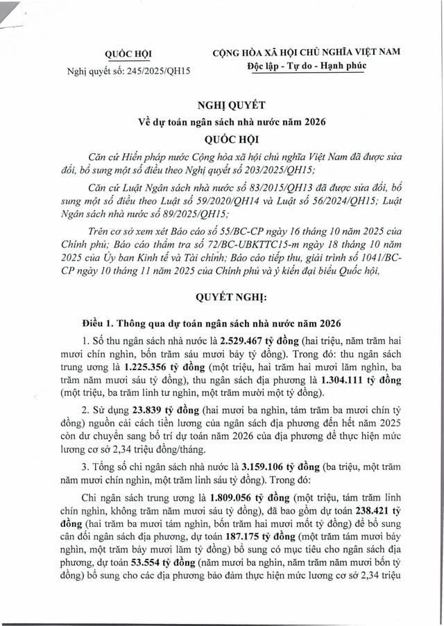 Toàn văn Nghị quyết số 245/2025/QH15 về dự toán ngân sách nhà nước năm 2026- Ảnh 1.