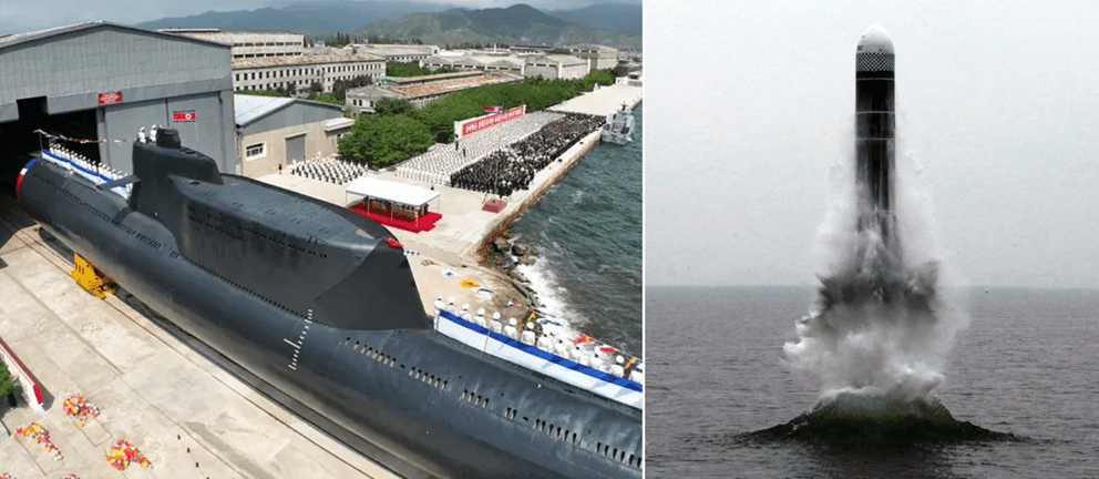 (Trái) Tàu ngầm Hero Kim Gun-ok; (Phải) Tên lửa Pukguksong-5 - Ảnh KCNA