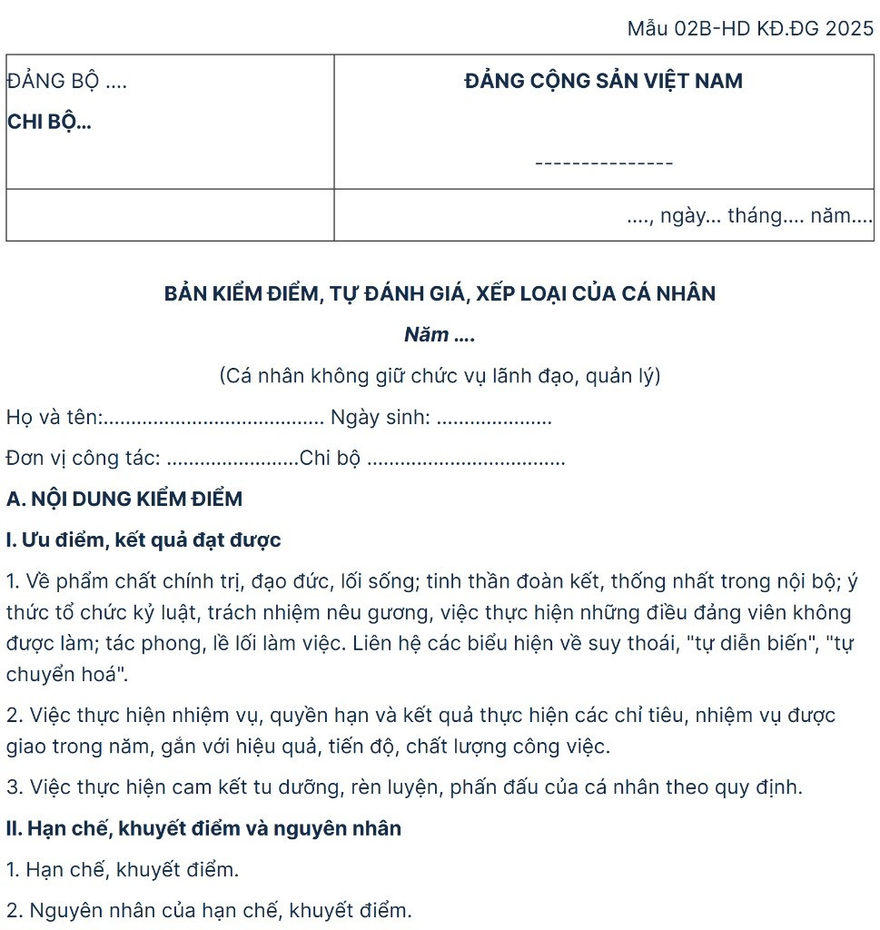mẫu bản kiểm điểm Đảng viên với cá nhân không giữ chức vụ lãnh đạo, quản lý (Mẫu 02B)