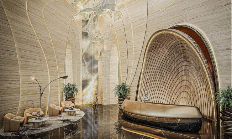 Phòng nghỉ với thiết kế tối giản và tầm nhìn ra thành phố Dubai.