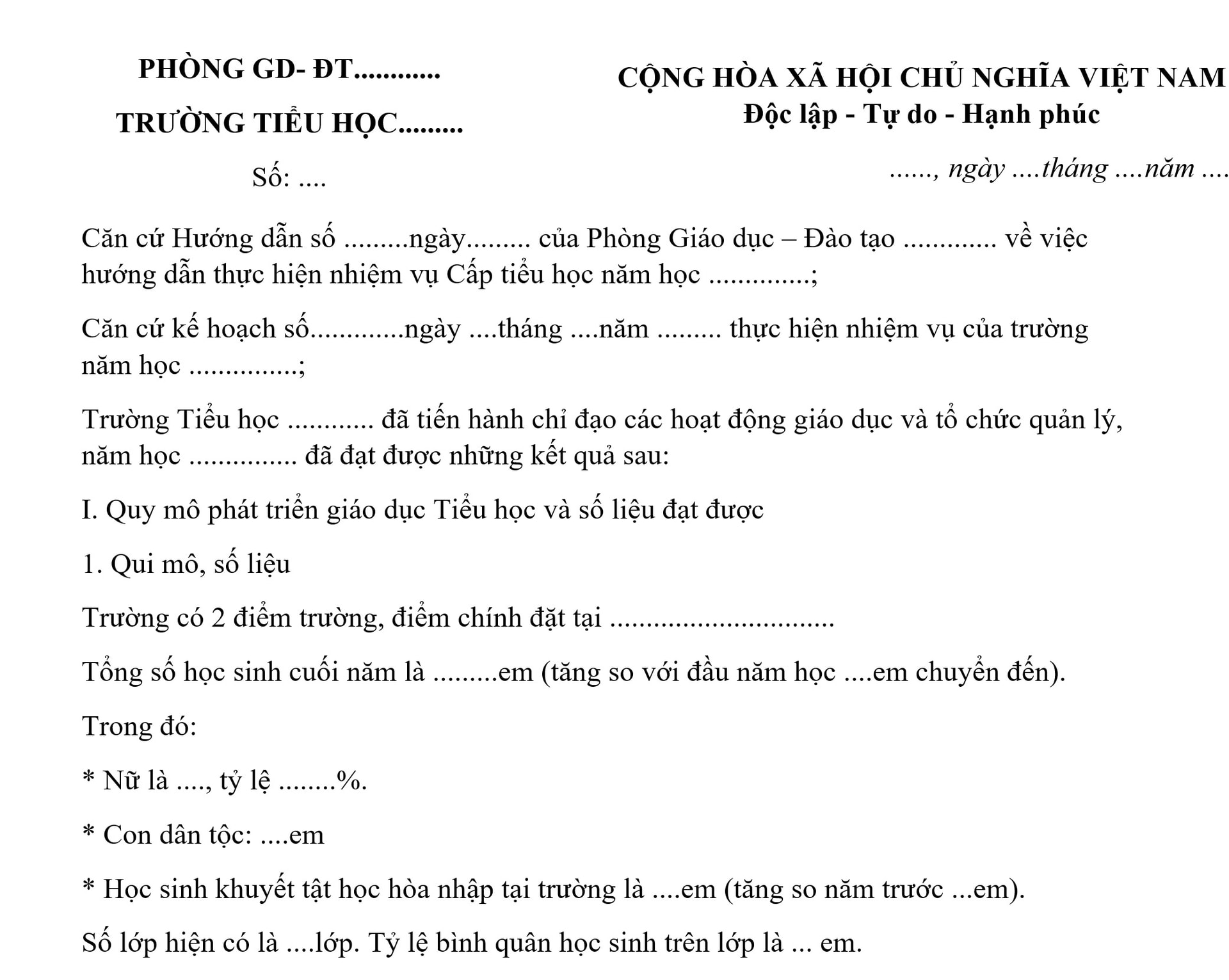 Mẫu báo cảo tổng kết công tác năm học