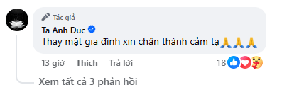 Anh Đức cảm ơn lời chia buồn từ đồng nghiệp và khán giả.