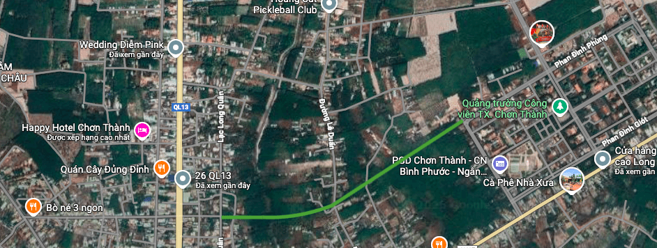 Sơ đồ vị trí tuyến đường N3 sẽ mở tại phường Chơn Thành trên bản đồ vệ tinh.