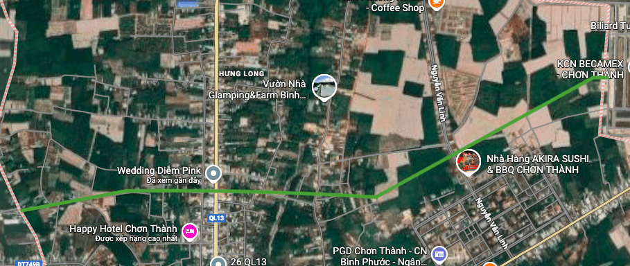 Sơ đồ vị trí tuyến đường M30 sẽ mở tại phường Chơn Thành trên bản đồ vệ tinh.
