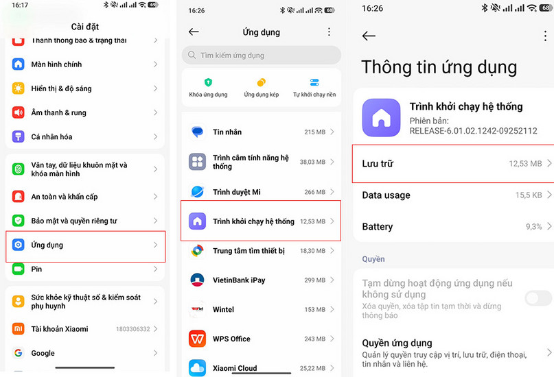 Giao diện quản lý bộ nhớ của một ứng dụng trên điện thoại Xiaomi, với tùy chọn Xóa bộ nhớ cache.