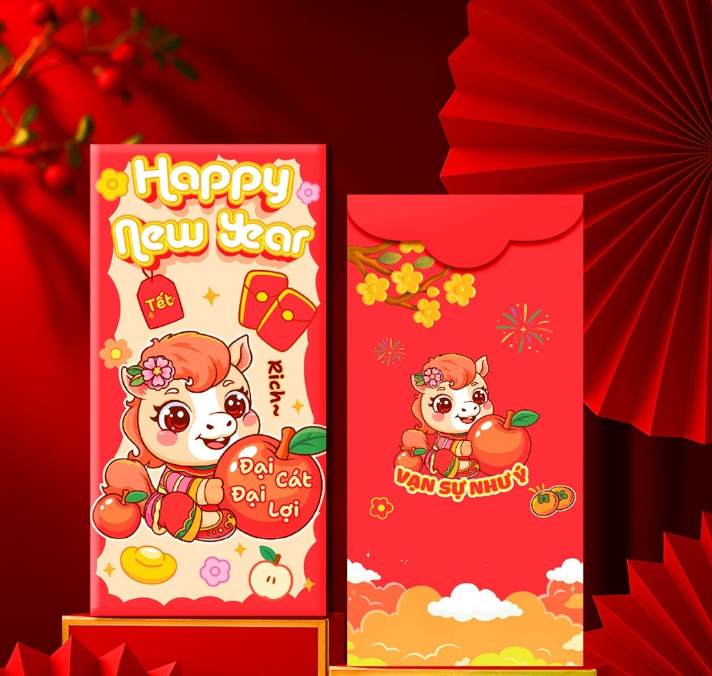 Bao lì xì Tết hình con ngựa, biểu tượng của năm Bính Ngọ 2026.