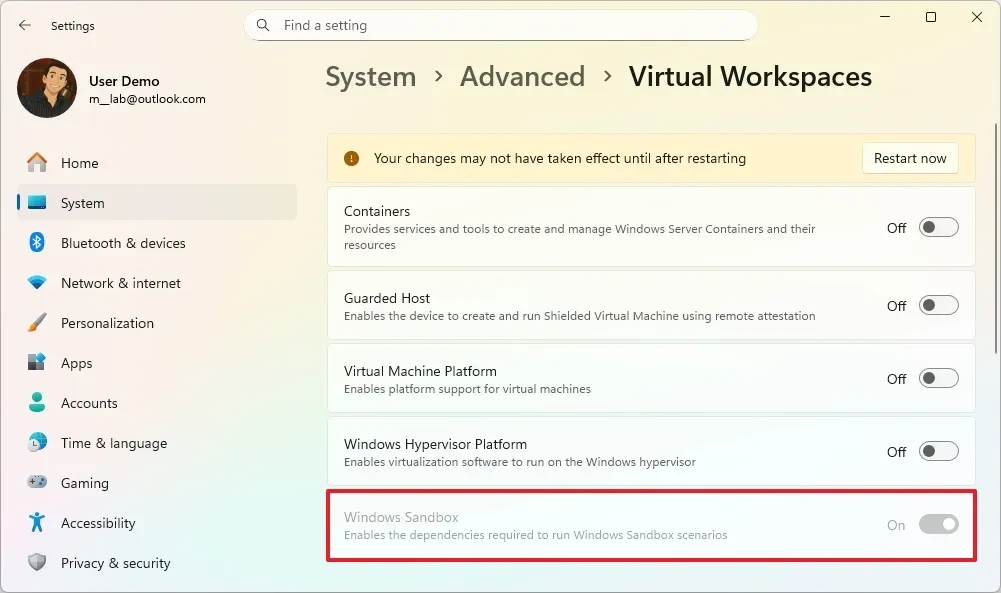 bat Windows Sandbox tren Windows 11 10.6