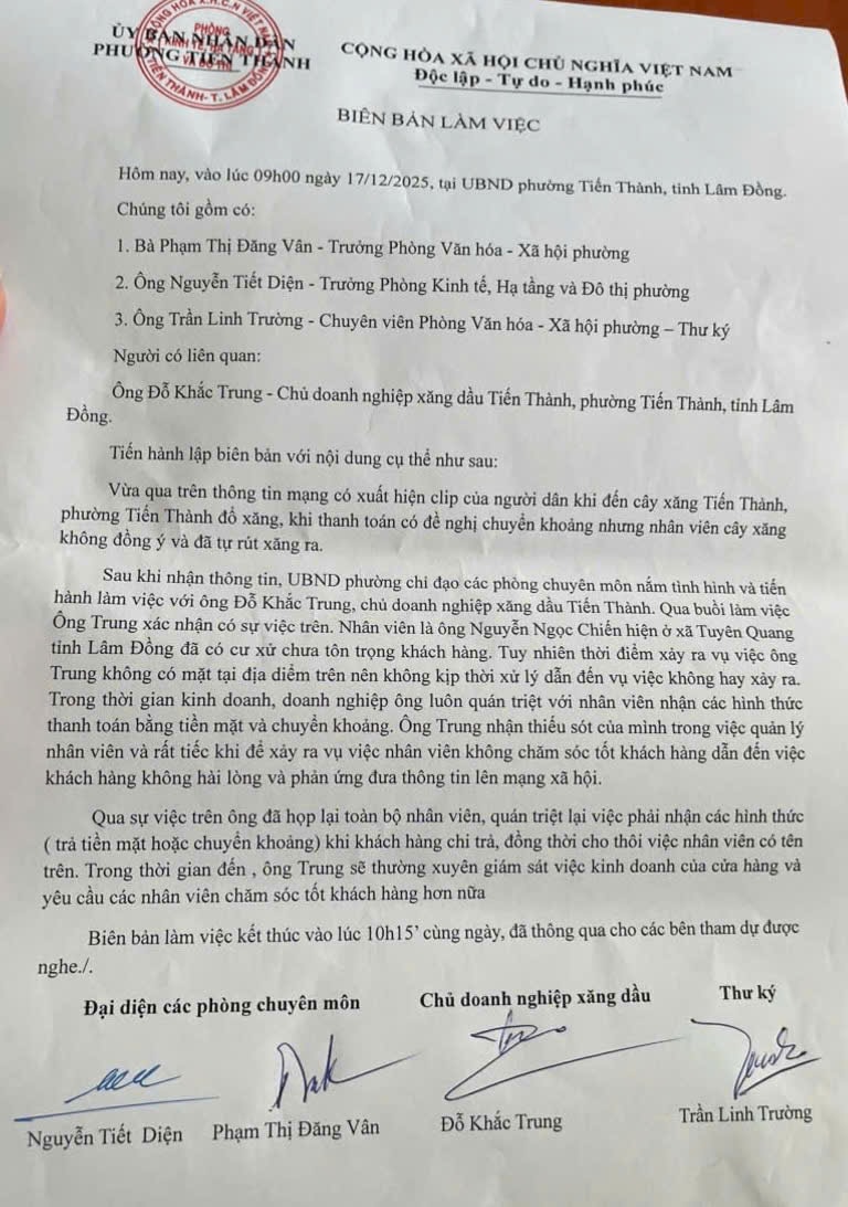 Biên bản làm việc của xã Tiến Thành với cây xăng