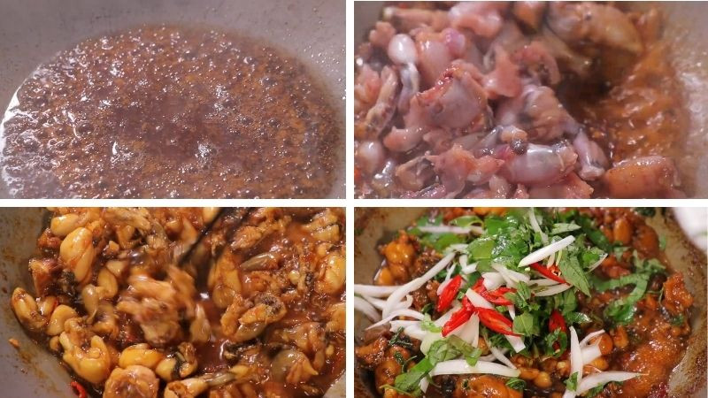 Công đoạn kho ếch với rau răm và các gia vị