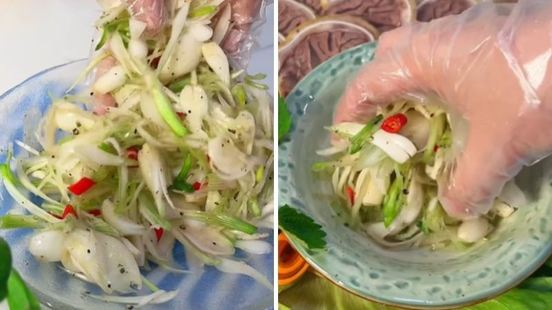 Thành phẩm món hành muối xổi giòn ngon, thấm vị.