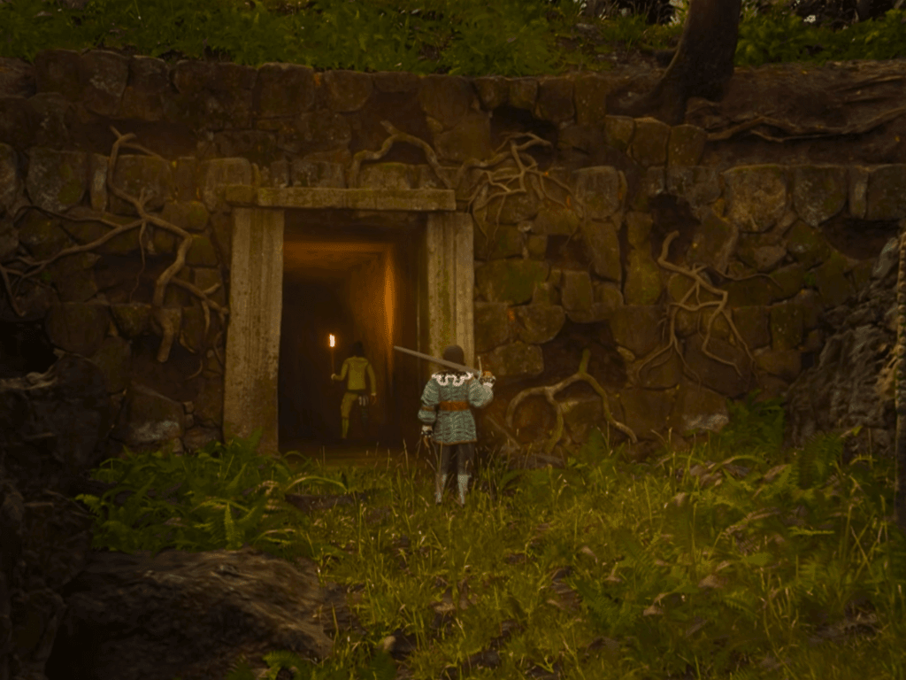 Nhân vật chính trong game Swordhaven: Iron Conspiracy đứng trước cửa hầm mỏ.