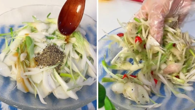 Trộn đều củ hành đã thái lát với các loại gia vị.