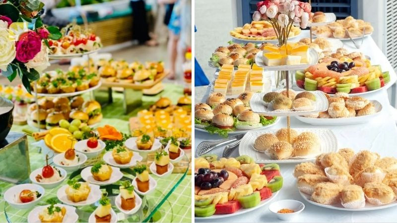 Chuẩn bị thực đơn tiệc ngọt với bánh, trái cây và nước uống nhẹ
