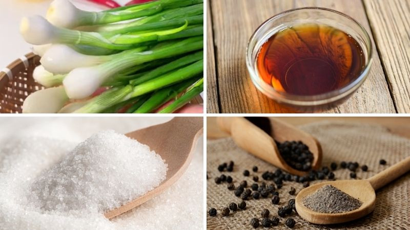 Nguyên liệu làm món hành muối xổi bao gồm hành củ, ớt và các loại gia vị.